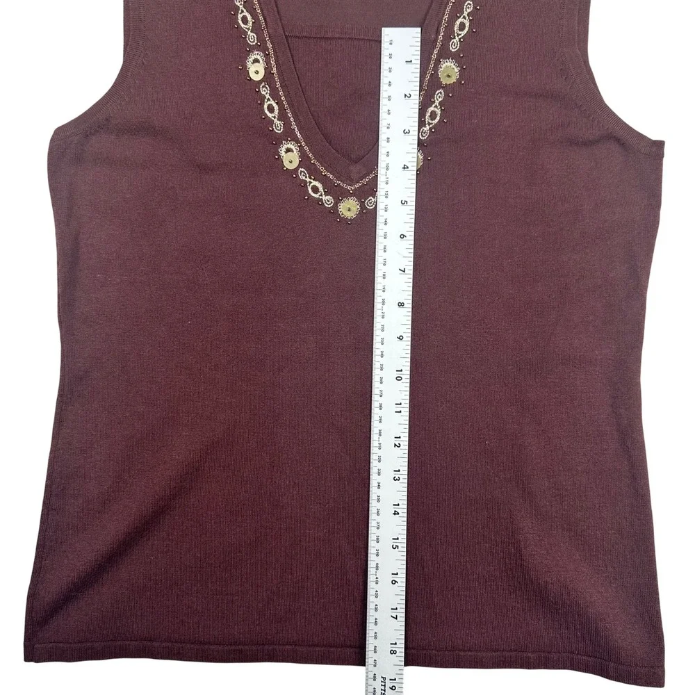 Willi Smith Brown Silk blend‎ Sleeveless Sweater Top XL Embellished V Neck Tank - Picture 11 of 11
